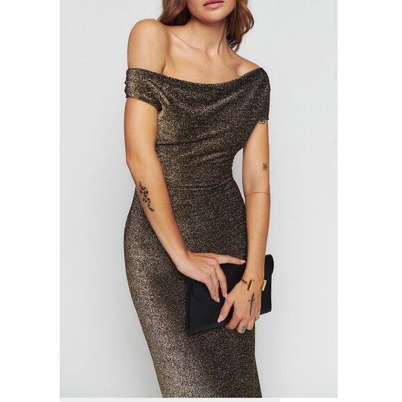 New Reformation Jamen Knit Dress Gold Off The Shoulder Two Way Sleeve Sz M - Picture 3 of 13